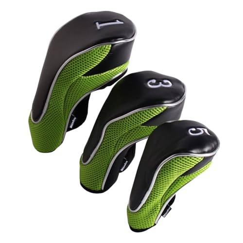 Andux Golf Club Driver Wood Head Covers with Hook & Loop Set of 3 Black/Green
