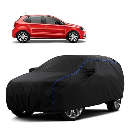 Image of Sulfar 100% Water Resistant Car Body Cover Compatible with Mirror for Volkswagen Polo GT (Triple Stitched, Full Bottom Elastic, Black Tafetta with Blue Piping)