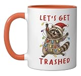 Raccoon Christmas Season Feral Let's Get Trashed Trash Panda Ceramic Mug, Orange/White