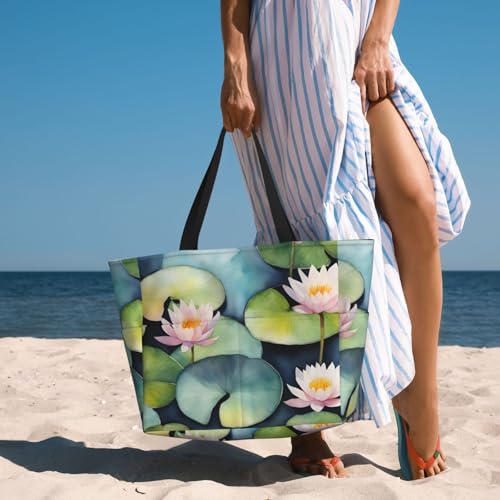 Large Capacity Beach Bag Waterproof Pool Tote for Gym Swimming Camping Carry On Bag Black Lily Pads Print3