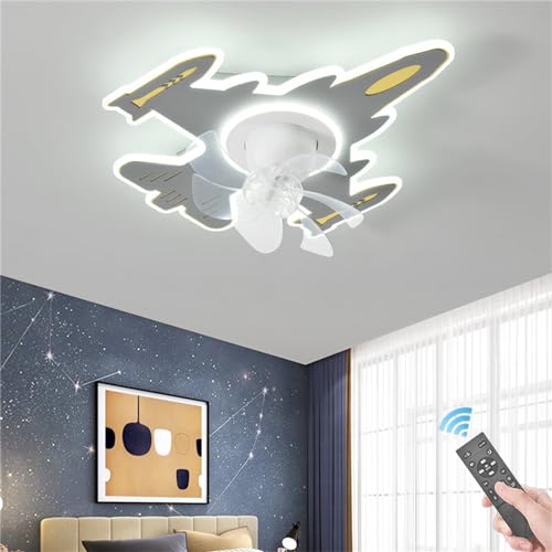 Moderno Acrílico LED Plafón Lluminación Regulable con Mando Distancia Ventilador con Luz Lámpara Habitación Niños Diseño Moderno Dibujos Animados Ventilador Techo Luz Dormitorio Estudio (Gris)