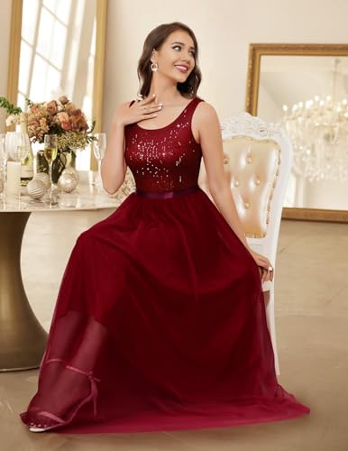 Image of BeryLove Sequin Dress for Woman Vintage A Line Wedding Formal Swing Mesh Dress Sleeveless Cocktail Maxi Gowns