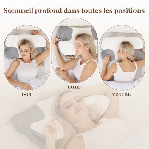 Oreiller ergonomique cervical mémoire de forme blanc gris