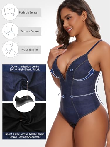Image of SHAPERIN Bodysuit for Women Shapewear Tummy Control Deep V Neck Plunge Sleeveless Backless Thong Body Suit Tank Top