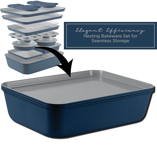 Country Kitchen Nonstick Stackable Bakeware Set - Deluxe Heavy Duty, Durable, Easy Release Baking Set, Denim, 13 Pcs