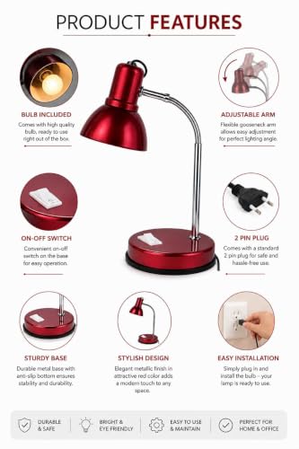Image of LED Red Desk Lamp for Study Table | Adjustable Metal Reading Lamp with Flexible Neck | Eye Care Table Light for Students, Bedroom, Office & Work Desk