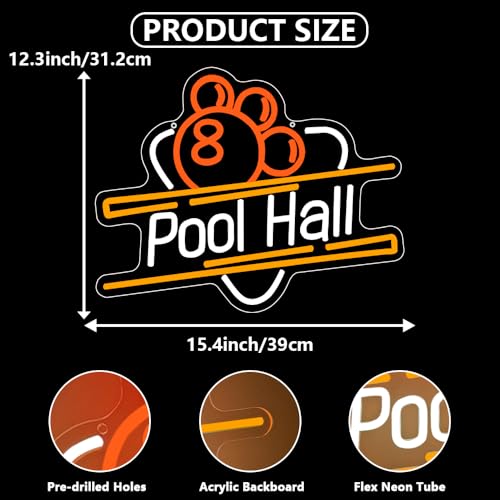 Pool Hall Neon Schild,Billard LED Schilder für Wand Dekor,Game Neon Sign für Home Bar Schlafzimmer Club Party Man Cave,Pool Table Deko Geschenk für Lady Männer USB Powered(15.4'*12.3')