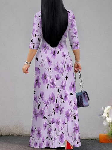 Image of PinkPatty Plus Size Maxi Dress for Women Casual V Neck 3 /4 Sleeve Boho Printed Long Dress with Pockets