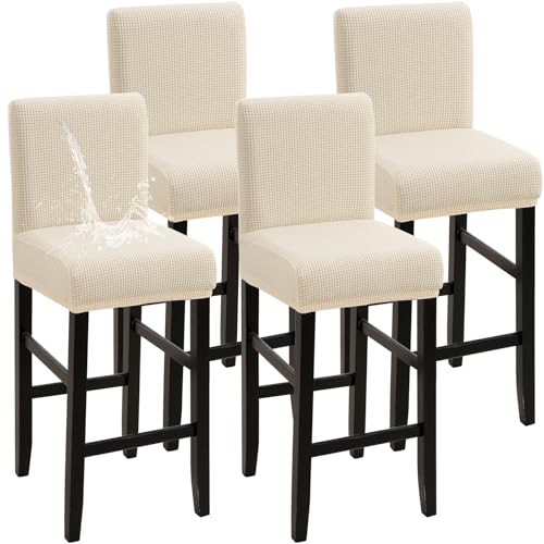 Image of YISUN Waterproof Bar Stool Covers, Stretch Barstool Slipcovers with Backs, Removable Washable Pub Tall Chair Slipcover, Counter Chair Seat Protector Cover, Jacquard Beige 4 Pack