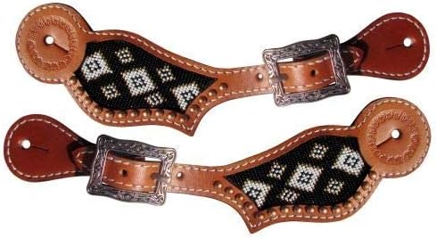 Showman Leather Spur Straps w/Black, Gold & White Beaded Navajo Design