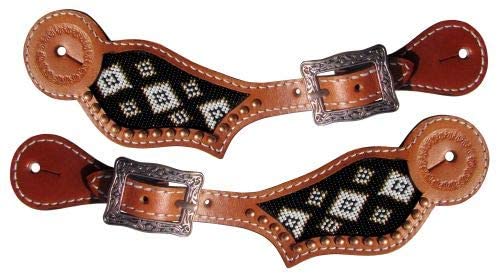Showman Leather Spur Straps w/Black, Gold & White Beaded Navajo Design