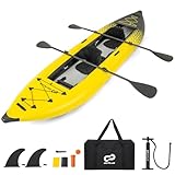 COSTWAY 12’5” Inflatable Kayak Set, 2-person Sit on Canoe with Aluminum Oars, EVA Padded Seat, High Back Support, Carry Bag, Hand Pump & Repair Kit, Paddle Kayaks Blow up Boat (Yellow)