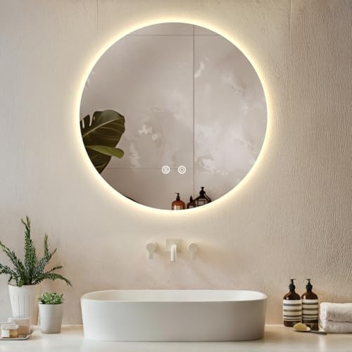 tectake® Round Frameless LED Bathroom Mirror, Modern Design, Wall...