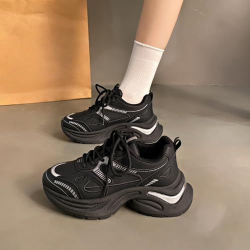 Womens Leather Chunky Platform Lace Up Fashion Sneakers Casual Dress Comfortable Non-Slip Mesh Running Walking Tennis Shoes4