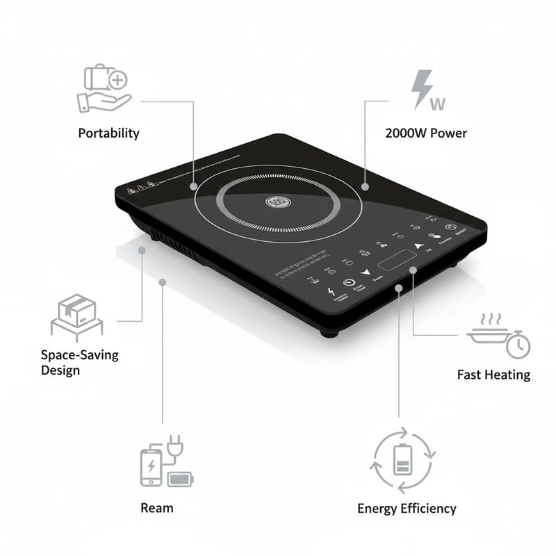 Image of Drumstone (15 Years Warranty) 2000W Portable Induction Cooktop - Electric Stove with Touch Control, Fast Heating, Energy Efficient, Multiple Cooking Modes, Black Glass Surface for Home Kitchen