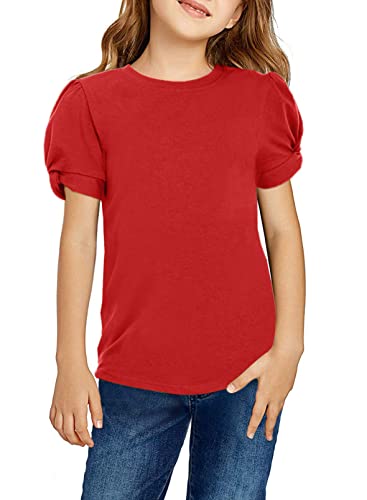 Arshiner Ragazza T-Shirt Maniche a Sbuffo Bambini Estate Casual Tops Collo Rotondo Moda Manica Corta Colore Solido Elegante Maglietta per Ragazze 10-11 Anni Rosso