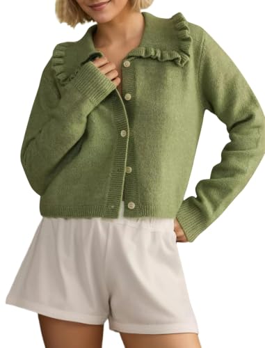 Image of HOCANDY Women Ruffle Collar Cardigan Sweater Preppy Cute Button Up Sweaters