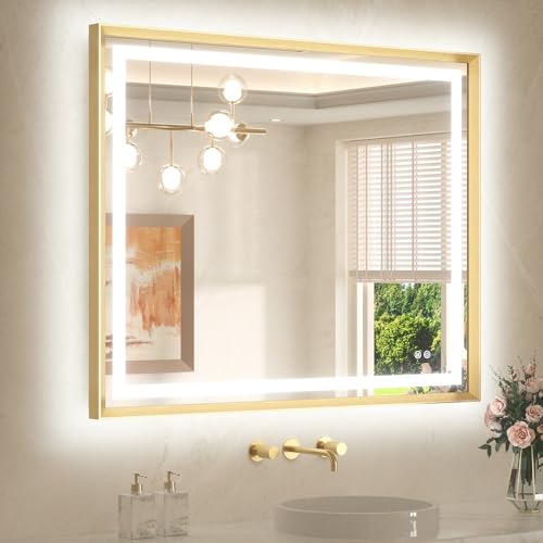 TETOTE 42 x 36 Led Mirror Brushed Gold Metal Frame Frontlit & Backlit Vanity Mirror Anti-Fog Stepless Dimmable 3 Colors White/Warm/Natural Wall Mirror with Lights Wall-Mounted