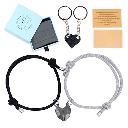 GreatDreams® Pulseras para Parejas y Llavero Parejas - Pulseras Magnéticas para Parejas con Imán - Llavero en Forma de Corazón - Pulsera Trenzada de la Amistad - Regalo para Novios. (Negro/Gris)