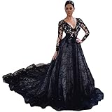 Zhangyo Black Long Sleeve Wedding Dresses for Bride Gothic Tulle Lace Bridal Gown with Train Sexy V Neck Wedding Dress Summer Beach 6