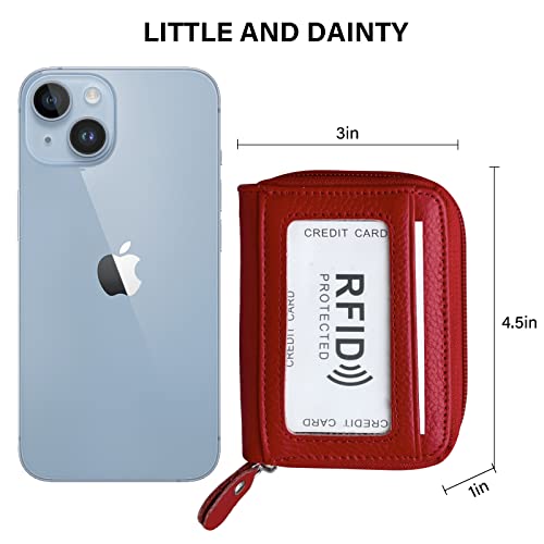 Genuine Leather RFID Blocking Mini Credit Card Case Security Travel Wallet With Removable Keychain ID Window for Men Women - Red2