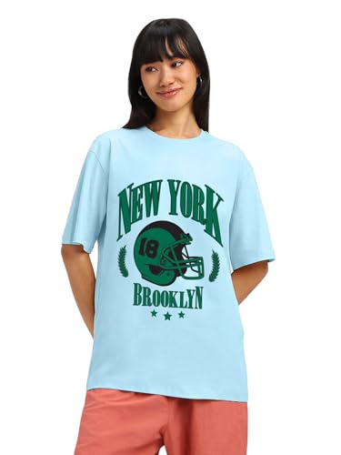 Image of JUNEBERRY Round Neck Drop Shoulder Round Neck Black & White Graphic Printed Pure Cotton Oversized Baggy Fit Half Sleeve T-Shirt for Women & Girls (Sizes: S to 2XL)