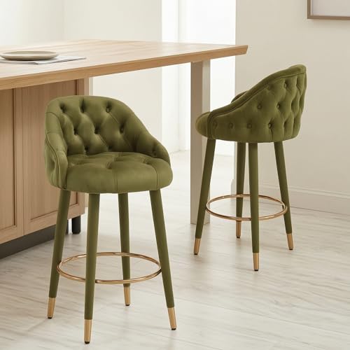 Butacos Tapizados con Acabado Botoncito, Altura 26", Set de 2, Terciopelo Verde con Reposapiés Dorado para Isla de Cocina y Bar
