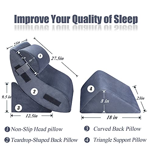 Bigroof 4Pcs Orthopedic Bed Wedge Pillow Set, Post Surgery Memory Foam Pillow For Back, Neck And Leg Pain Relief. Comfortable And Adjustable Pillows For Relaxing Acid Reflux, Sleeping, Reading #TOP2