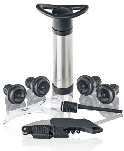🍷 Goditi il vino come mai prima d'ora con l'Astuccio Regalo Wine Lover's di Qpractiko. Il set include una pompa per vino sottovuoto in acciaio inossidabile che mantiene il tuo vino fresco più a lungo, migliorando la durata e il gusto del tuo vino preferito