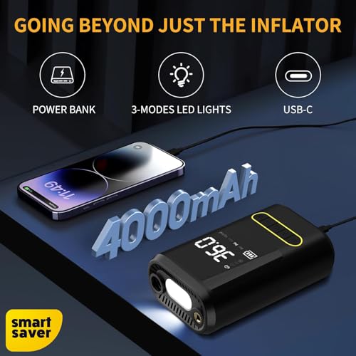 Image of Smart Saver Tyre Inflator Pump, Cordless 4K MAH Battery,150 PSI Portable Car, Bike Tire Pump, Digital Gauge, Powerbank, LED, Type-C Recharge, Auto Stop for SUV Sedan, Motorcycle, Sport Equipments