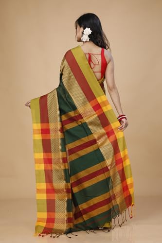 Image of OISHANI SAREE GHOR Women's Traditional Bengal Handloom Modhuboni Cotton Saree With Blouse Piece