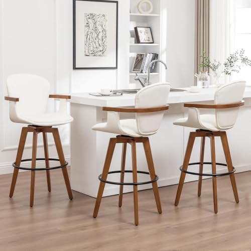 Image of LUNLING 30 inch Bar Height Stools Set of 2,Mid Century Modern Bar Stools White PU Leather Kitchen Island Stools,Wood High Barstools Swivel with Back and Arms for Home Bar Furniture