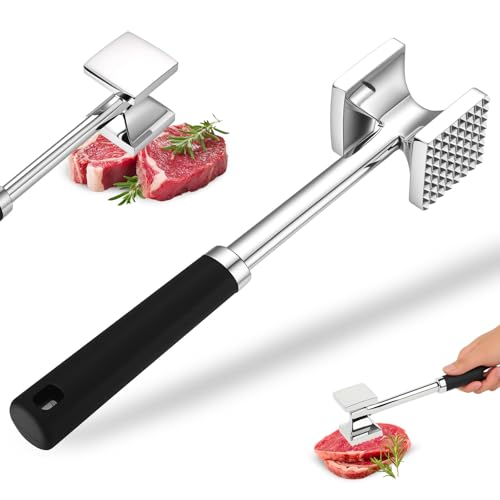 Attendrisseur de Viande Inox Professionnel, marteau a viandes, maillet à viande de cuisine double face avec poignée antidérapante pour attendrir les steaks, bœuf et...