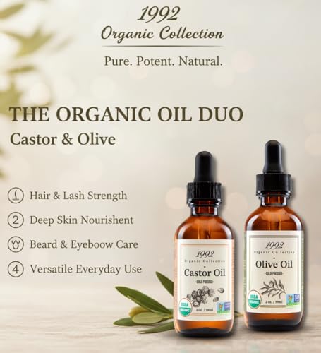 Image of Tropic Isle Living 2x 1992 Organic Collection Castor Oil 2oz /60ml Bundle with 2x 1992 Organic Collection Olive Oil 2oz /60ml - Nourishing oils for skin and hair hydration - Gift Set (4 Items)