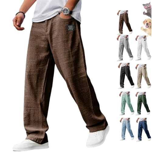 Mens Pants, Men's Casual Cotton, Linen Embroidered Logo, Drawstring Loose Elastic Waist Straight Leg Pocket Trousers