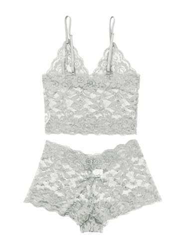 Image of Lilosy Sexy Sheer Floral Lace Pajamas Lingerie Set High Waist Sleepwear Bra and Panty 2 Piece Nightwear