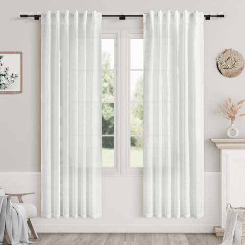 Image of White Semi Sheer Linen Curtains 72 Inch Length for Living Room Back Tab Rod Pocket Modern Farmhouse Coastal Decor White Cotton Textured Gauze Curtains 72 Inches Long for Dining Room Office 42x72