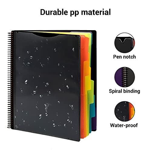 Mukawa 12 Pocket Poly Project Organizer, Spiral Project Folder Multi Pocket Folder Binder Letter Size, Back Cover Utility Pouch, 1/6 Cut Tabs, 6 Tab Color Dividers, Clear View Customizable Front Cover #TOP6