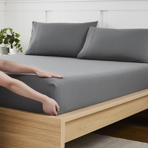 King Size Fitted Sheet Only with Full Elastic & Built in Corner Sheet Straps to Prevent Shifting - Soft & Breathable Brushed Microfiber Bottom Sheet, King, Gray