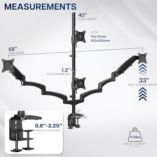 Image of VIVO Quad Pneumatic Monitor Mount for 4 Screens up to 32 inches, Fully Adjustable, Heavy Duty Desk Stand with C-Clamp, Black, STAND-V400G