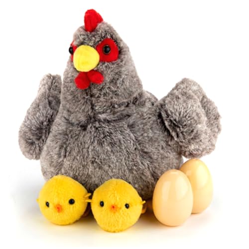 Poulet en peluche gris avec œufs, jouet interactif pour enfants