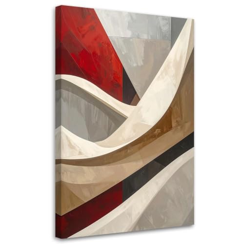 Cuadro de formas geométricas abstracto, lienzo grande de 50x70 cm en rojo y beige