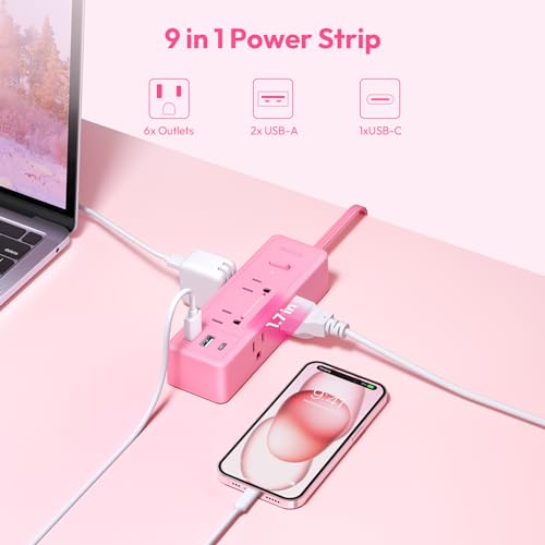NTONPOWER Pink Extension Cord 10 ft, Protector contra Sobretensiones 1080 Joules, Regleta con 6 Tomas y 3 USB (1 USB-C), Cable de Extensión Plano para Hogar Oficina Dormitorio miniatura 3