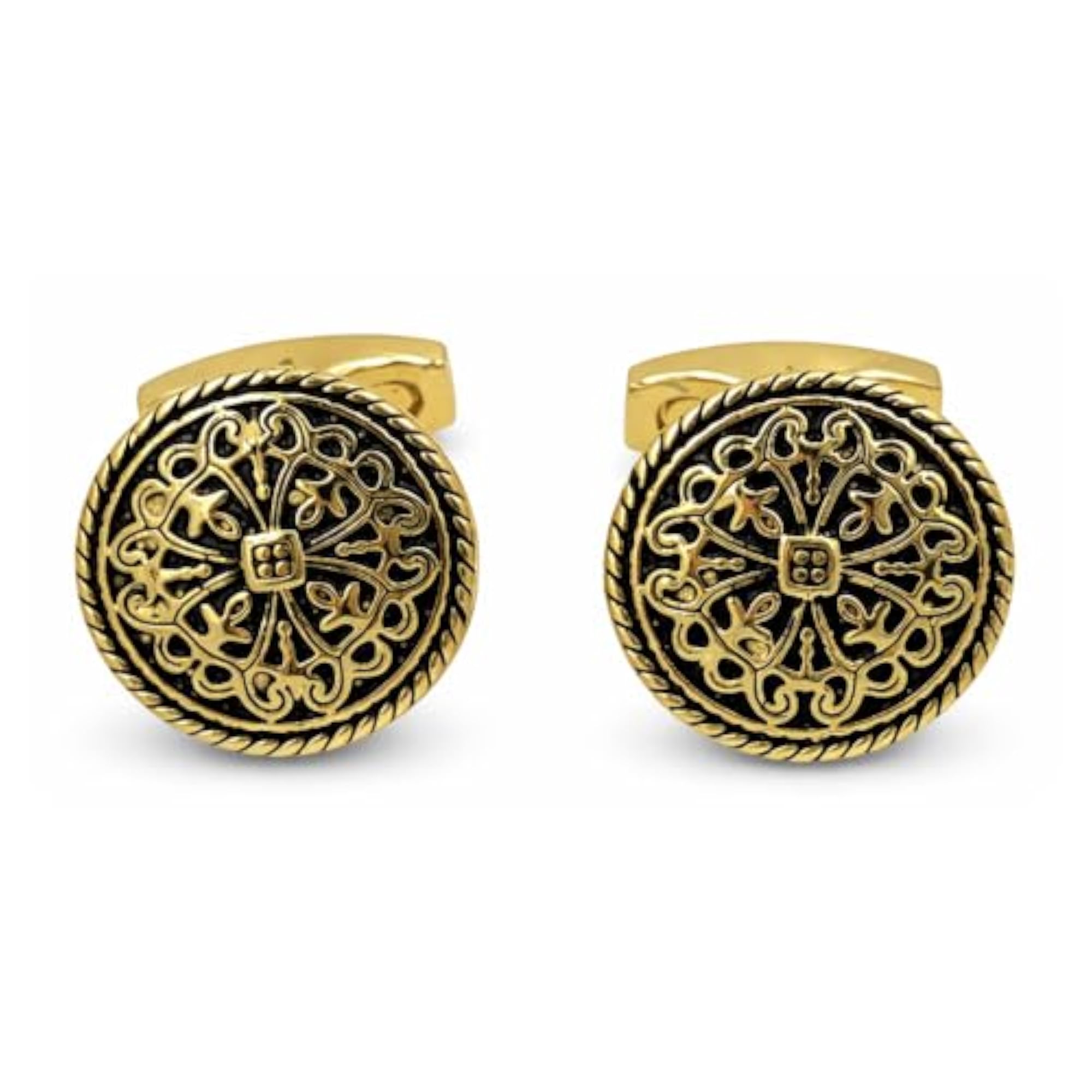 Round Gold-Tone Cufflinks, Antique Filigree Cross Design