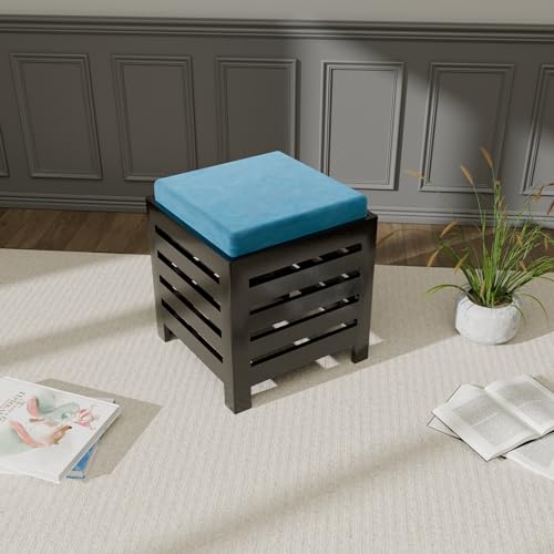 Image of ETIQUETTE ART Cushion Wooden Stool| Foot Stool |Fruit Stool| Square Table| Office Stool| Bedside Table | Cushion Stool | Stool for Kitchen Wooden Stool Cotton Cover (Black & Aqua)