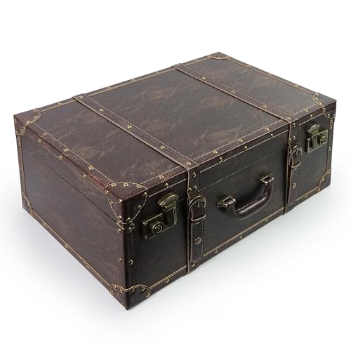 DreamsEden Large Wooden Storage Suitcase, Vintage Decorative Trunk with Strap Decor, Portable Wood Storage Box Chest Keepsake Case (Brown)