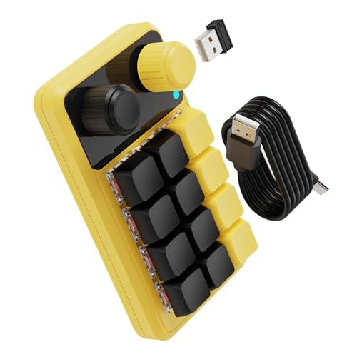 YPREWY Teclados macros personalizables con 12, iluminación RGBs, dos perillas de control, receptor inalámbrico y cable USB C