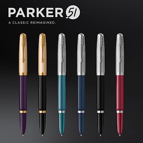 Image of Parker 51 Fountain Pen | Black Barrel with Chrome Trim | Fine Nib with Black Ink Cartridge | Gift Box