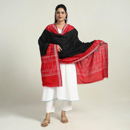 Image of Cotton Dupatta with weaving and Ikat woven border from the Weavers Stole for Girls & Women