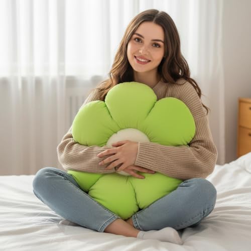 Image of AVSHUB Sunflower Shaped 6 Kali Throw Pillow Cute Preppy Home Decorative Floor Cushion with Fibre Filling Aesthetic for Sofa Bedroom, Living Room, Car, Office (Green, 25CM)